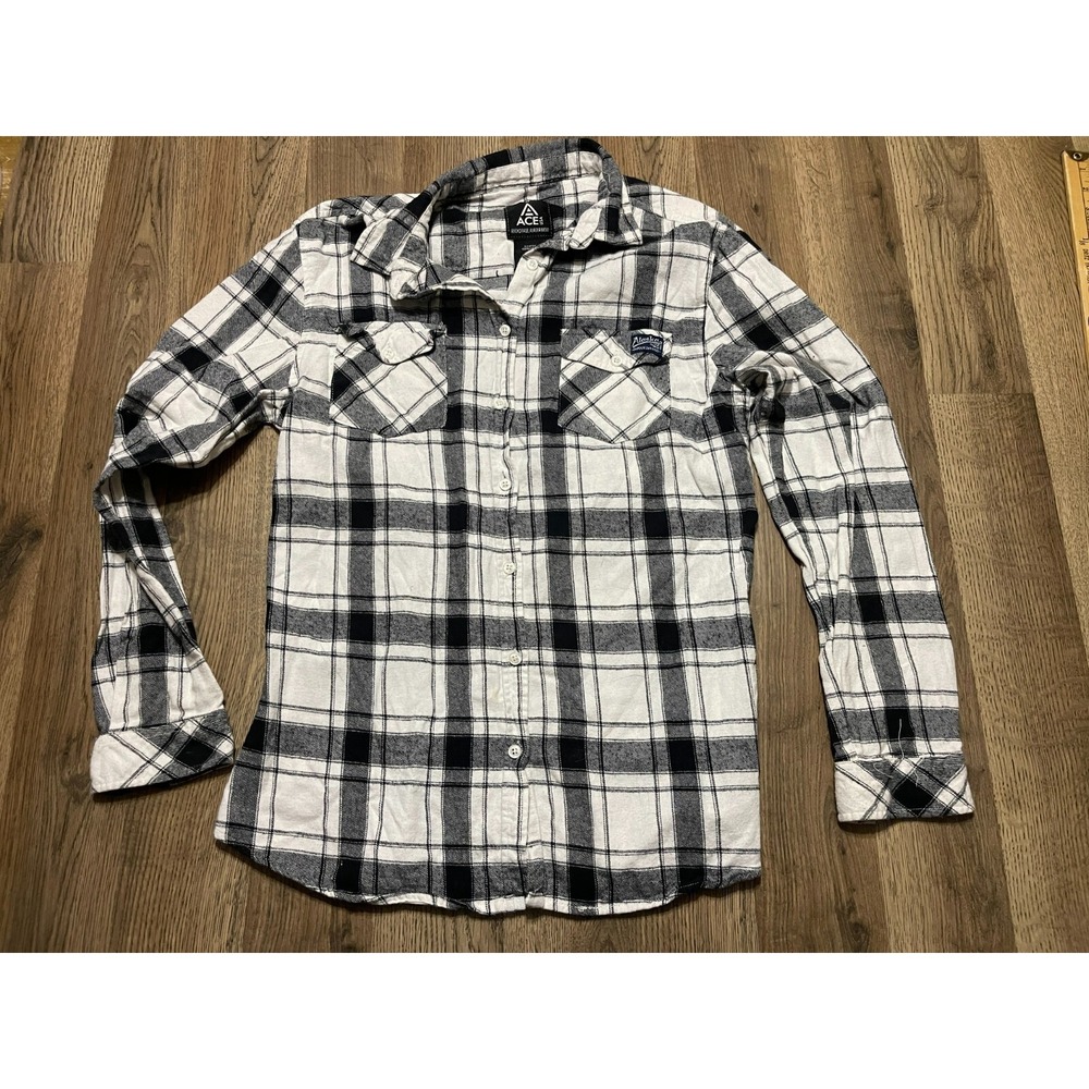 Alaska ACE USA Shirt, Women's Size Medium, Black White, Plaid, Button Up